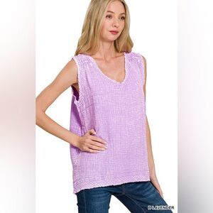 Zenana Lavender Double Gauze Raw Edge Acid Washed Tank Top